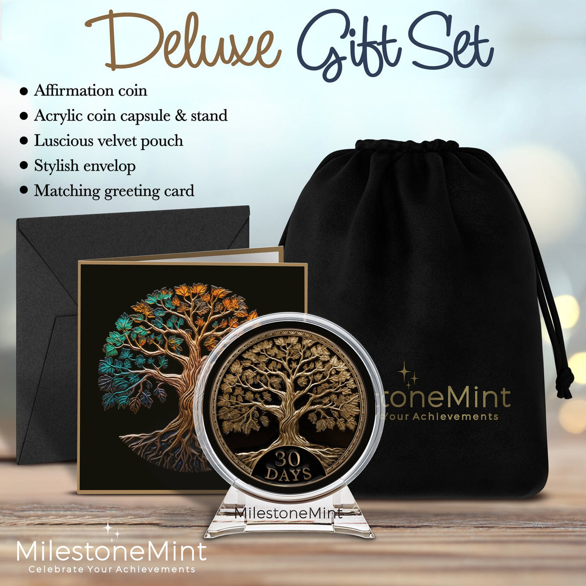 Tree of Life Affirmation Sobriety Coin Gift Set - Antique Gold