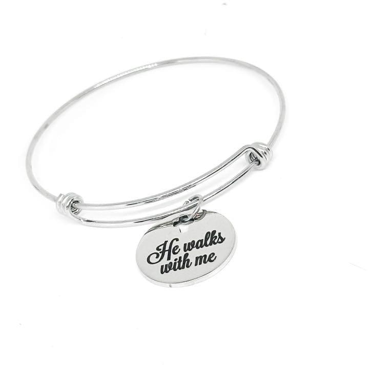 He Walks With Me Stainless Steel Bracelet, Adjustable Christian Faith Charm Bangle Religious Gift For Her Spiritual Encouragement Jewelry