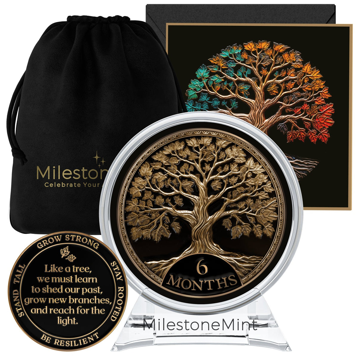 Tree of Life Affirmation Sobriety Coin Gift Set - Antique Gold